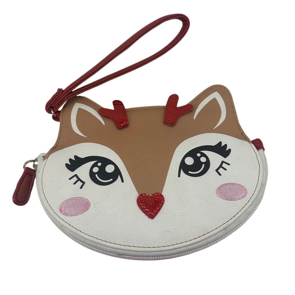 Luv Betsey by Betsey Johnson Reindeer Face Wristlet Pouch Tan Red Holiday